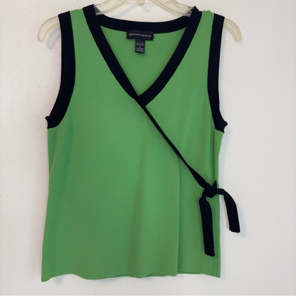 Spenser Jeremy Green Cap Sleeve Tank Blouse With Black Trim and Tie Sz L
